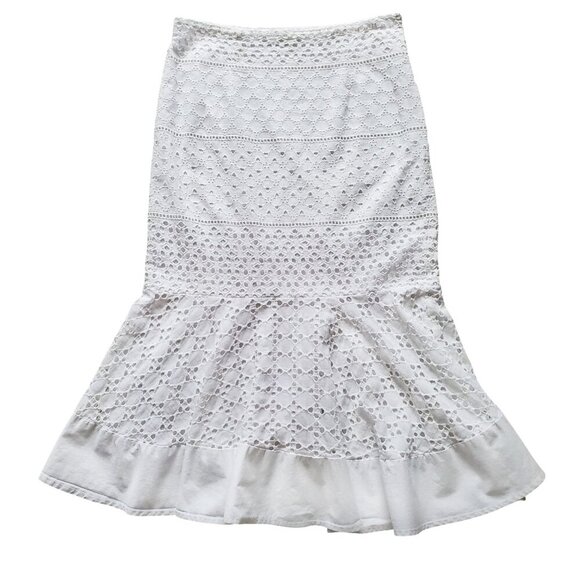 Gianni Bini White 100% Cotton Feminine Fishtail Eyelet Ruffle Hem Skirt M - Picture 3 of 13